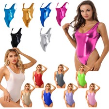 UK Women's Wetlook Sleeveless Jumpsuit High Cut Thong Leotard Bodysuit Swimsuit