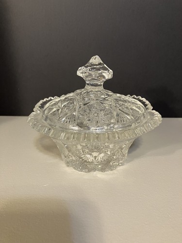 Vintage Small Covered Candy Dish/Bowl - Clear Glass with Star Designs