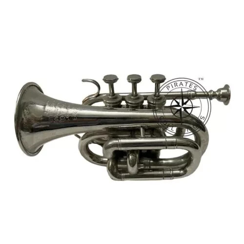 Antique Chrome Finish Elegant Trumpet Pocket Bugle Horn 3 Valve Mouthpiece Gift