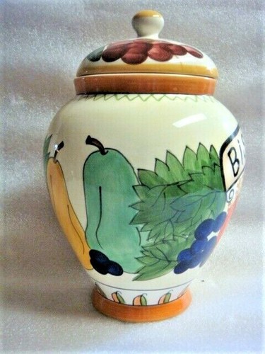 Colorful CERAMIC BISCOTTI JAR Hand Painted FRUIT & VEGGIE DESIGN - Picture 2 of 8