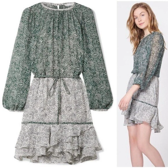 OFF WHITE Mini abito Veronica Barba Dorado Increspature Floreale Seta Verde e Bianco sporco Taglia:0