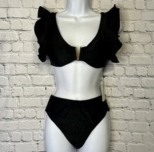 NWT Womens Black Ruffled 2 Piece Bikini Swimsuit- medium