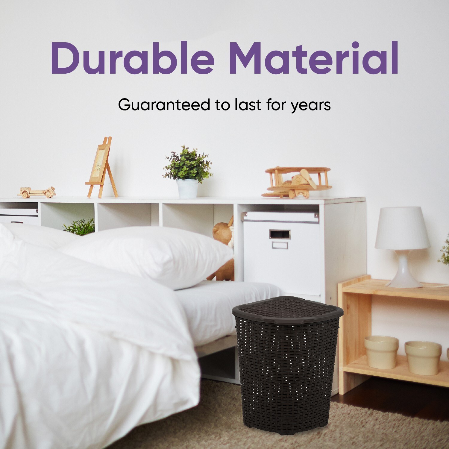 Plastic Wicker Corner Laundry Hamper with Lid and Handles-Brown (50 Liter)