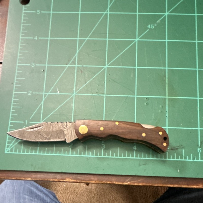Damascus Steel Pocketknife, Wood Handle, Lockback, Clip Point, Under 2.75in