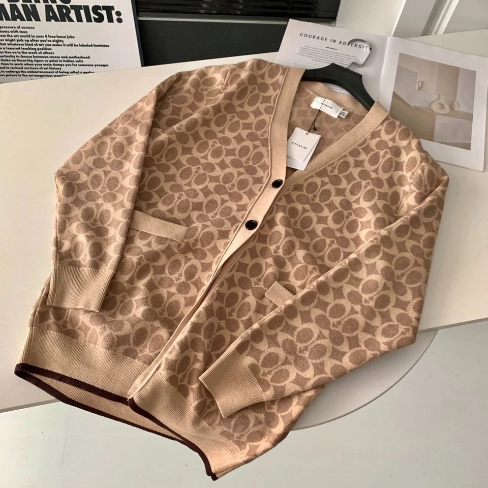 NUEVO CON ETIQUETAS COACH Mujer’s Amarillo Suéter Cárdigan Suéter Largo Algodón Orgánico Foto 2 de 4