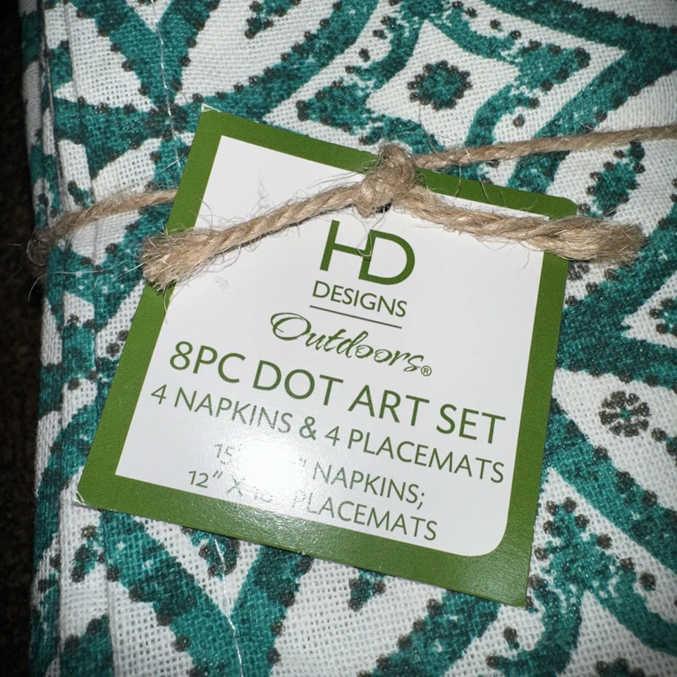 NUEVO Juego de 4 servilletas y manteles individuales 100 % algodón turquesa y blanco (8 piezas) Foto 3 de 4