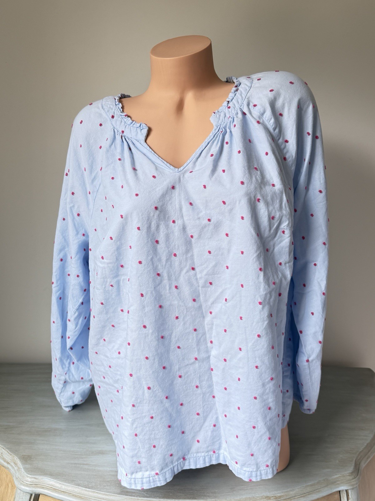 Croft & Barrow Light Blue Flannel Blouse with Pink Dots and V-Neck
