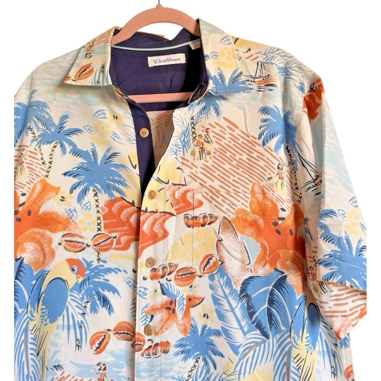 Coastal Resort Caribbean Tropical Island Print Short Sleeve Modal Shirt Large