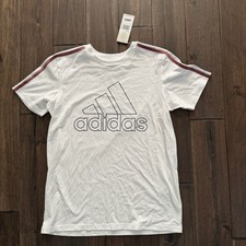 Adidas White Short Sleeve Active Tee with Maroon Navy Stripes Boys L 14/16 NWT