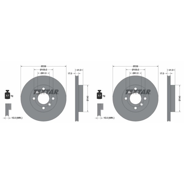 2X Textar PRO Bremsscheiben 238Mm InnenbelÜFtet Vorne Passend FüR Dacia Spring |-image