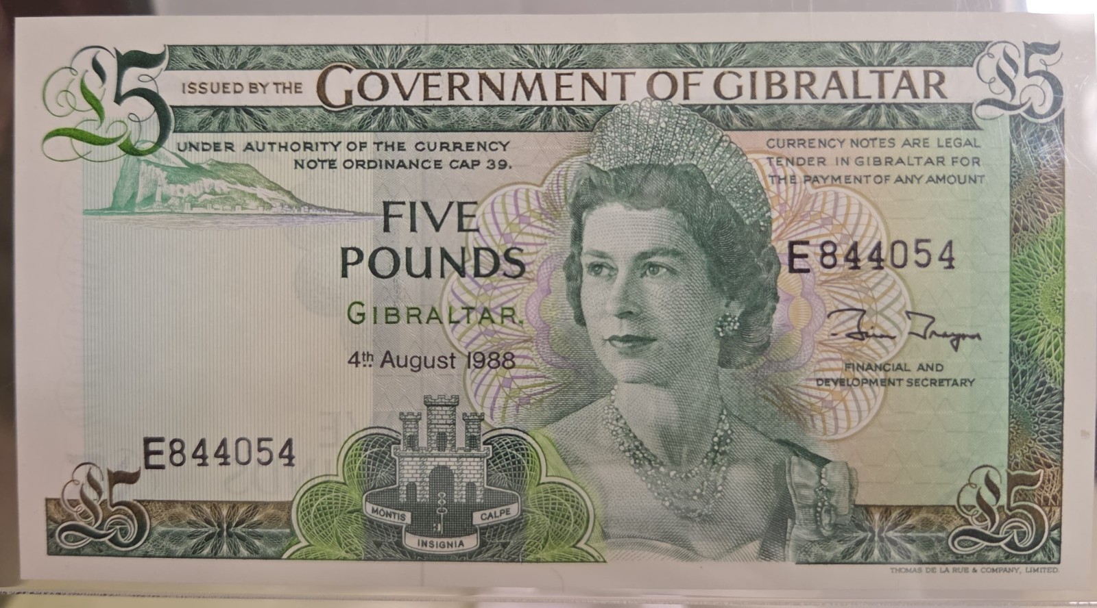 Gibraltar 5 Pounds 1988 PCGS 65 UNC  Q.Elizabeth II Fancy SN + Gift! G24R