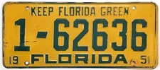 Florida 1951 License Plate 1-62636 Dade County Original Paint DMV Clear for YOM