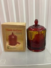 Vintage Indiana Glass Ruby Red Jar Candy Dish Grape Design With Lid box USA Made