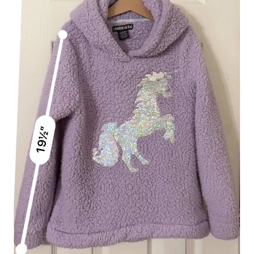 Limited Too Girls Púrpura Polar Sudadera con Capucha Unicornio Lentejuelas Pullover Suéter Talla 10 Foto 4 de 4