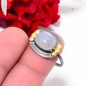 Authentic Rainbow Moonstone - India Black And Gold Plated 925 Sterling Silver Ring S.9 R12