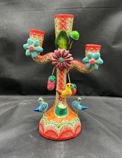 Vintage Mexican Folk Art Tree Of Life Candelabra/Candle Holder Fruit Tree Birds