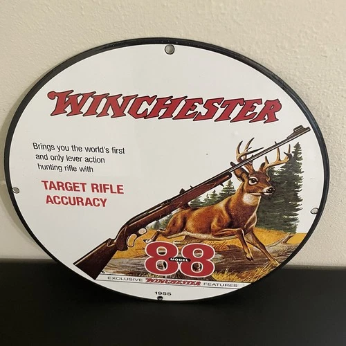 VINTAGE WINCHESTER DEER 88 SHELL HUNTING GASOLINE OIL PORCELAIN SIGN