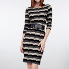 Sharagano Boat Neck, 3/4 Sleeve, Knit Black Gray White Shift Dress - 6
