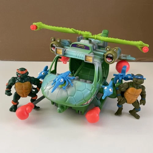 Vintage 1990 TMNT TURTLE COPTER w/Mikey & Leo Figures - 99% Complete GREAT SHAPE