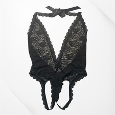 Dreamgirl 8694 Black Lace Plunging V-Neck Halter Teddy Heart Cut-Out Back O/S