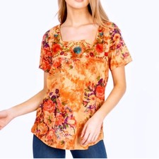 Vintage Goa Square Neck Floral Embroidered Boho Women's Top in Mango ~ Large NWT