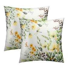 Spring Sage Green Leaf and Flowers Pillowcase Set of 2 Yellow Floral Decor Th...