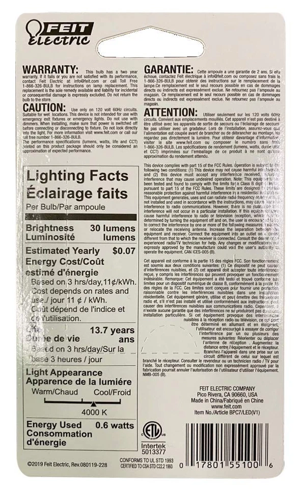 Feit Electric BPC7/LED 0.6 Watt Non Dimmable C7 Candelabra Base, Clear, LED - Image 2 of 2