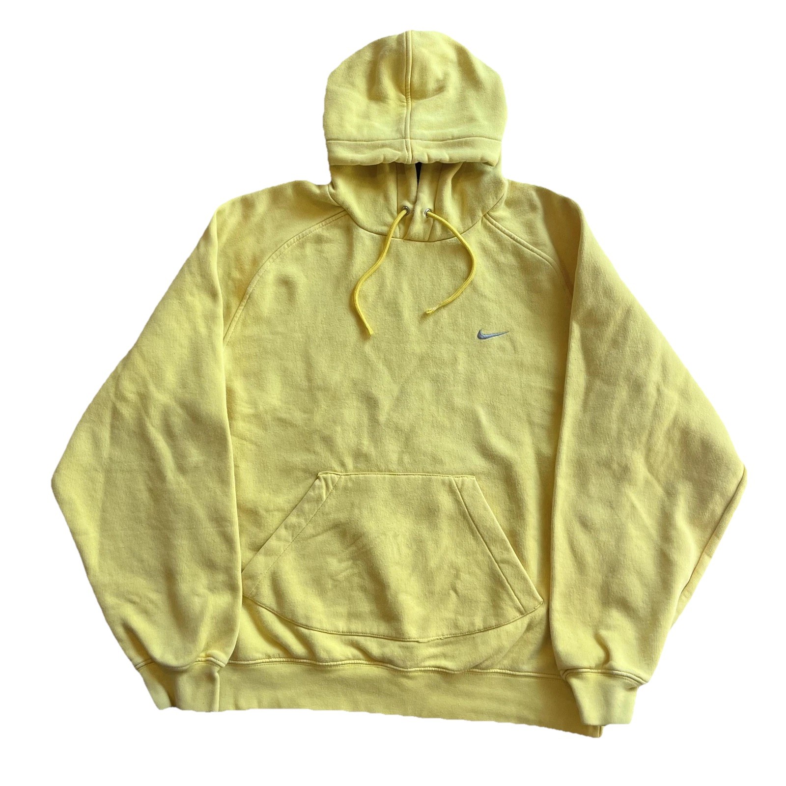 Y2K Nike Hoodie Mens Large Yellow Mini Swoosh Fleece Pullover Sweatshirt