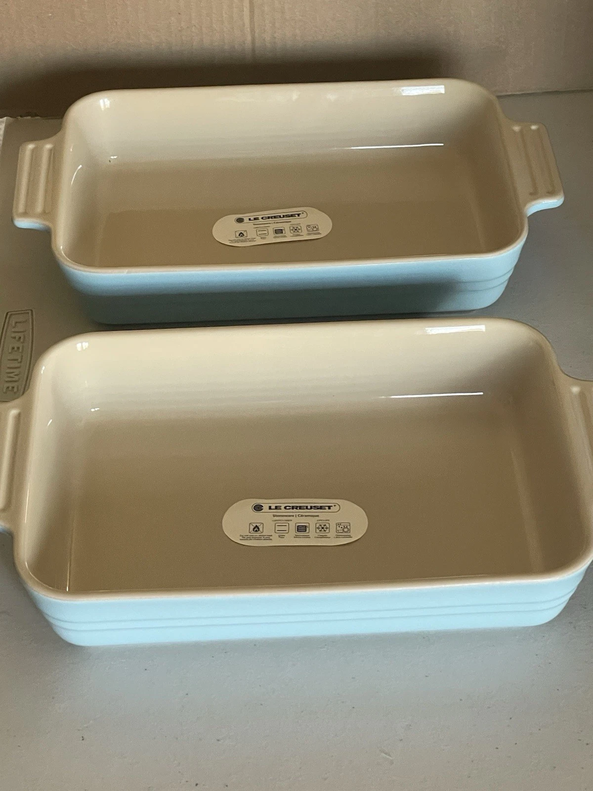 2 LE CREUSET STONEWARE RECTANGULAR DISHES IN SKY BLUE 10”SECOND