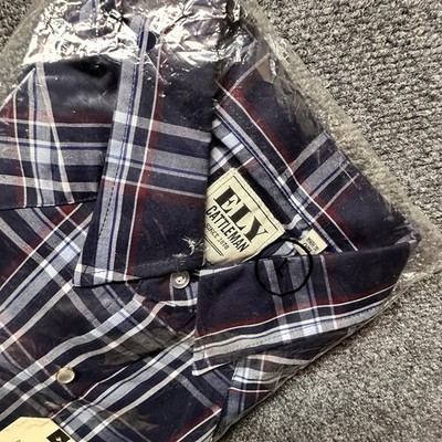 ELY Cattleman Western Snap Shirt Mens Large Navy Plaid Short Sleeve Cowboy NWT