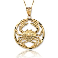 Cancer Zodiac Gold Crab Pendant - Diamond-Cut Round Necklace in 10k  14k