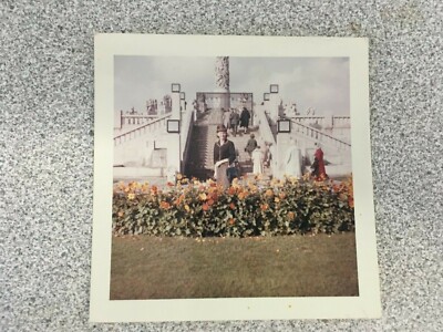 Vintage 1960s color snapshot of woman in Oslo, Norway Vigeland Sculpture Park