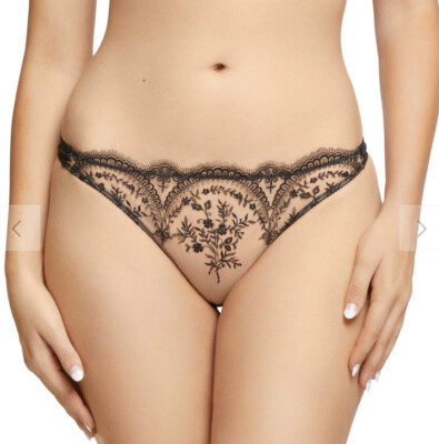 Dita Von Teese Severine Thong / String Black Embroisery On Sheer Creme Mesh L