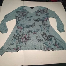 Style&co petite Blue butterfly 3/4 sleeve blouse medium PM