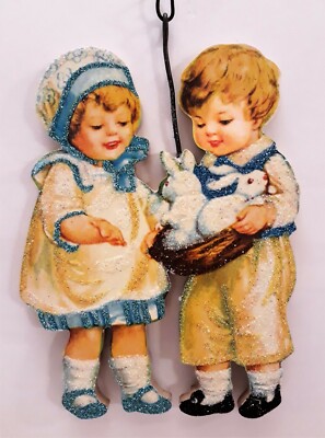 BOY & GIRL w WHITE BUNNY RABBITS * Glitter EASTER ORNAMENT Vtg Img