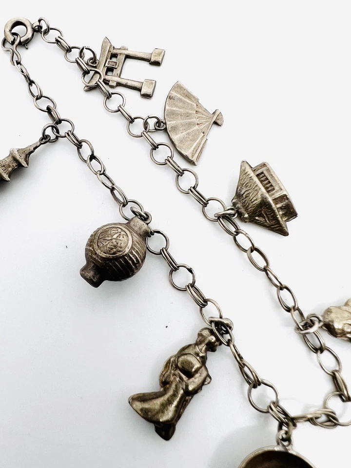 Chinese Export Sterling Silver Charm Bracelet Pagoda Immortal Vintage Jewelry - Image 3 of 4