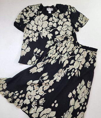Drapers Damons 2pc Top Skirt Women 6 Petite Black Floral Midi Summer Beach Loose