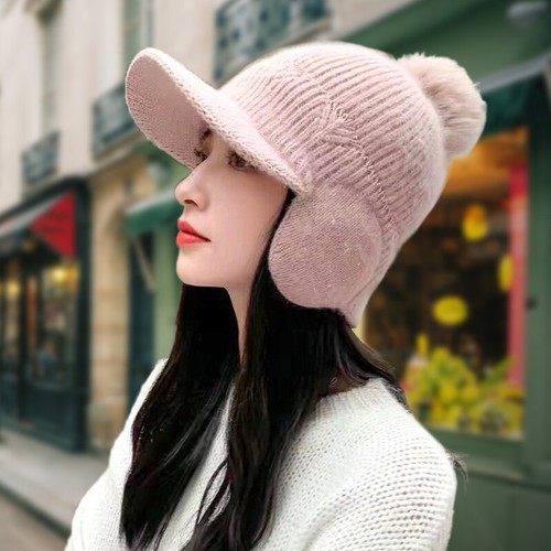 Women Knitted Beanie Bobble Hat with Ear Flap Ski Cap Pom Pom Winter Warm NEW