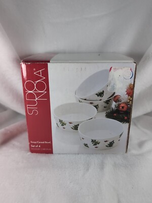 NIB Studio Nova Holiday Cardinal Stoneware Cereal Soup Bowls Set of 4 Christmas