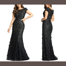 NEW $598 Mac Duggal [ 4 ] Floral Appliqué Boat Neck Short Sleeve Gown Black Q546