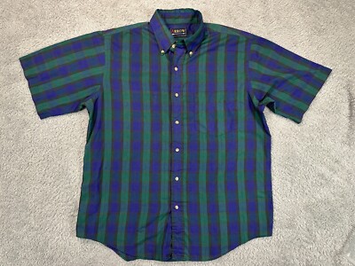 Vintage Button Down Shirt Men Large Short Sleeve Blue Green Plaid Arrow