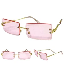 Mens Women Classy Elegant Sophisticated SUN GLASSES Rimless Gold Frame Pink Lens