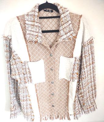Miss Me Boho Pieced Tweed Patchwork Shacket Raw Edge Button Down Small Multi Tan