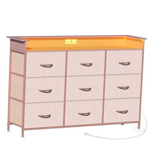 Pink Dresser with LED Light for Girls Bedroom 9 Drawer Dressers with Charging - Picture 1 of 8