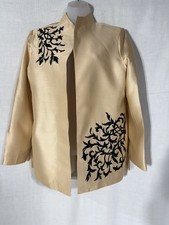 Victor Costa Occasion Gold 100 Silk Open Jacket w Black Beading size Medium