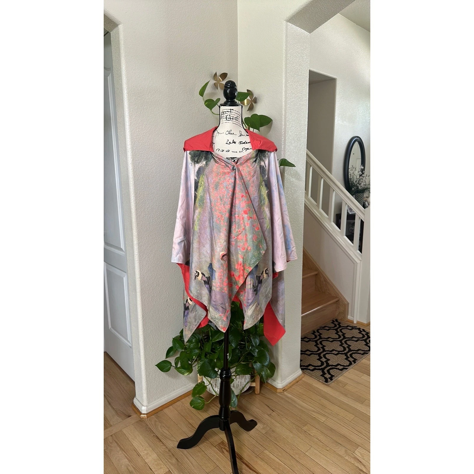 Galleria Enterprises Monet Poppy Field Reversible Hooded Rain Poncho Coral Red