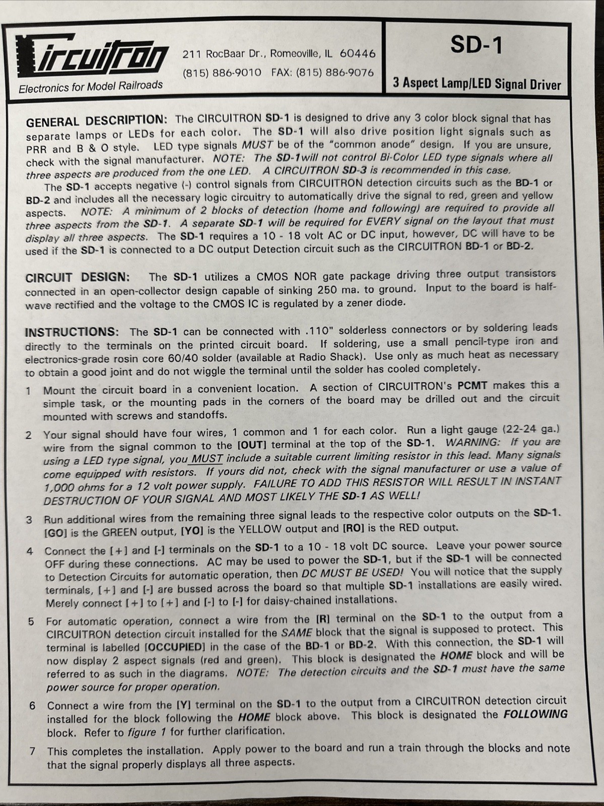 Circuitron Model SD-1 Signal Driver - 3 Color 800-5510 10-18 Volts DC NIP!