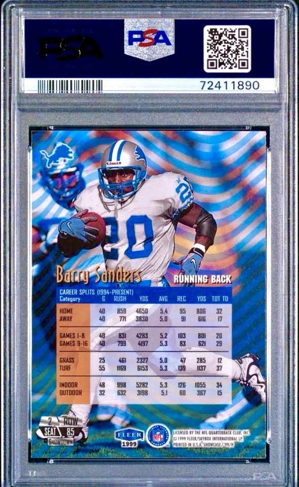 流行 7 PSA 10 Barry Sanders 1999 Flair Showcase Holo Row 2 Showdown 垂直罕见 — 第 2/3 张图片