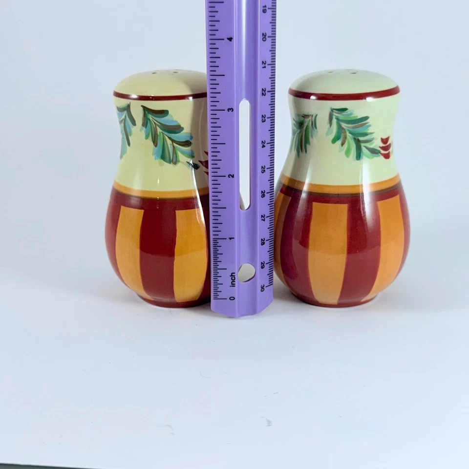 Salero y pimentero de cerámica pintado a mano rojo amarillo a rayas cocina toscana Foto 4 de 4