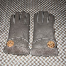 UGG Bailey Button Glove Beige/Grey Suede Fur Gloves Womens Size Medium-Large